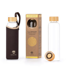 Lotus-Vita Glas-Wasserflasche 580ml mit Bambusdeckel 24k Gold in brauner Hülle