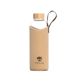 Lotus-Vita Glas-Trinkflasche 820ml mit Bambusdeckel und creme Neoprenhülle
