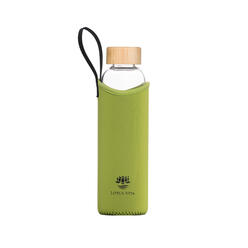 Bambus Glas-Tee-Trinkflasche 550ml mit Edelstahl-Sieb und grüner Neoprenhülle