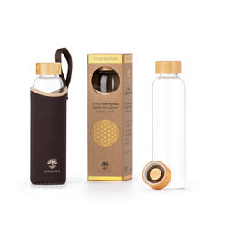 Lotus-Vita Glas-Wasserflasche 580ml mit Bambusdeckel 24k Gold in brauner Hülle