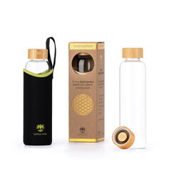 Lotus-Vita Glas-Wasserflasche 580ml mit Bambusdeckel 24k Gold in schwarzer Hülle