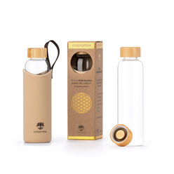 Glas-Trinkflasche 580ml mit Bambusdeckel 24k Gold in cremefarbener Neopren-Hülle