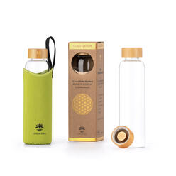 Lotus-Vita Glas-Trinkflasche 580ml mit Bambusdeckel 24k vergoldet in grüner Hülle