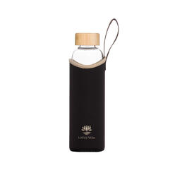 Lotus-Vita Glas-Wasserflasche 580ml mit Bambusdeckel und brauner Neoprenhülle