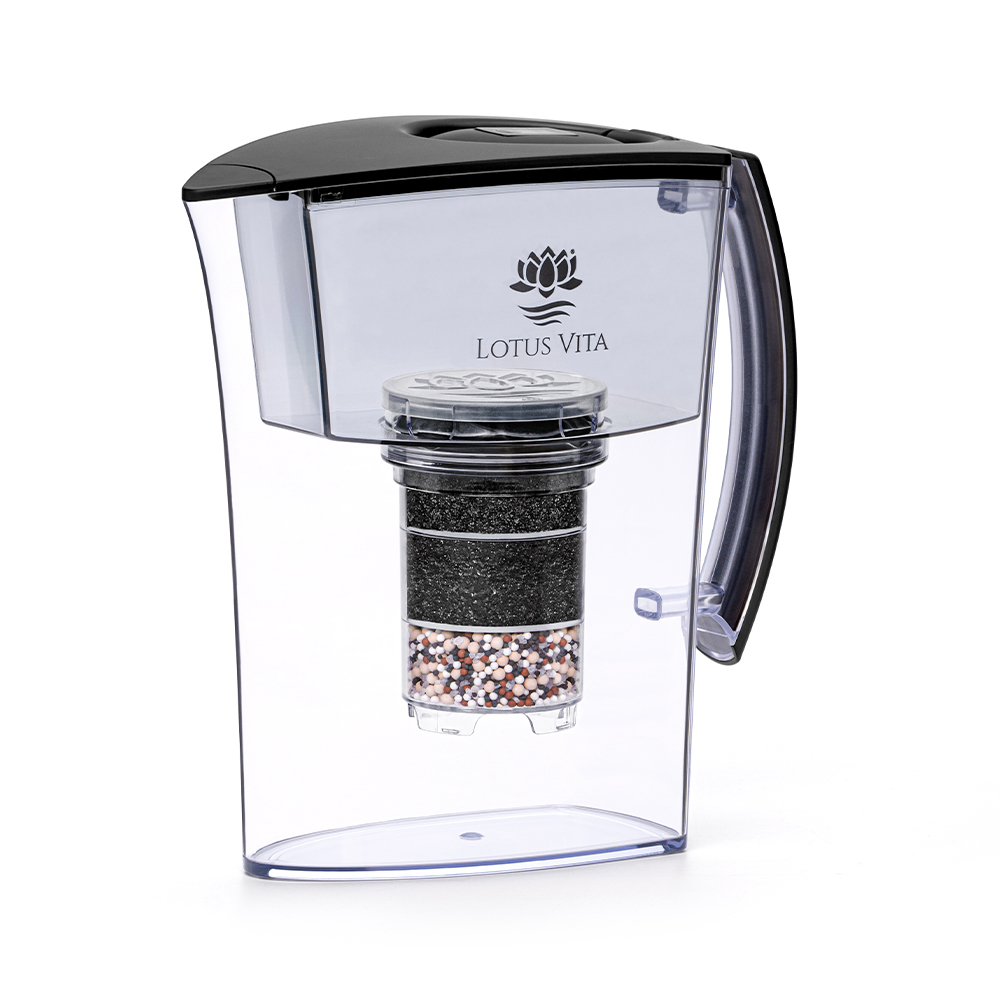 Produktbild: Filterkanne Lotus von Lotus VIta mit Deckel und Griff in anthrazit.