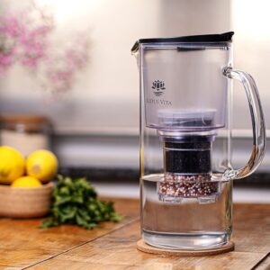 Impression: Lotus NATURA PLUS Glas-Filterkanne Anthrazit auf Holztisch mit Wasserglas.