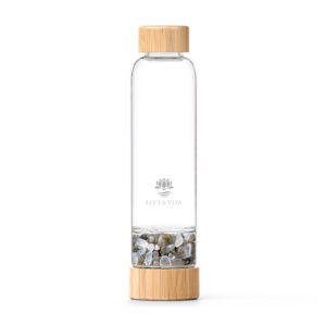 Produktbild: Glas-Kristallsteinflasche von Lotus Vita mit Mondstein Labradorit.