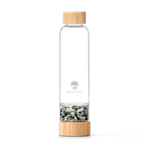Produktbild: Glas-Kristallsteinflasche von Lotus Vita mit Turmalin Amazonit.