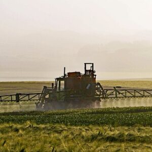 Ein Traktor mit breiten Sprüharmen fährt durch ein grünes Getreidefeld und versprüht großflächig Pestizide in der diesigen Morgenluft.