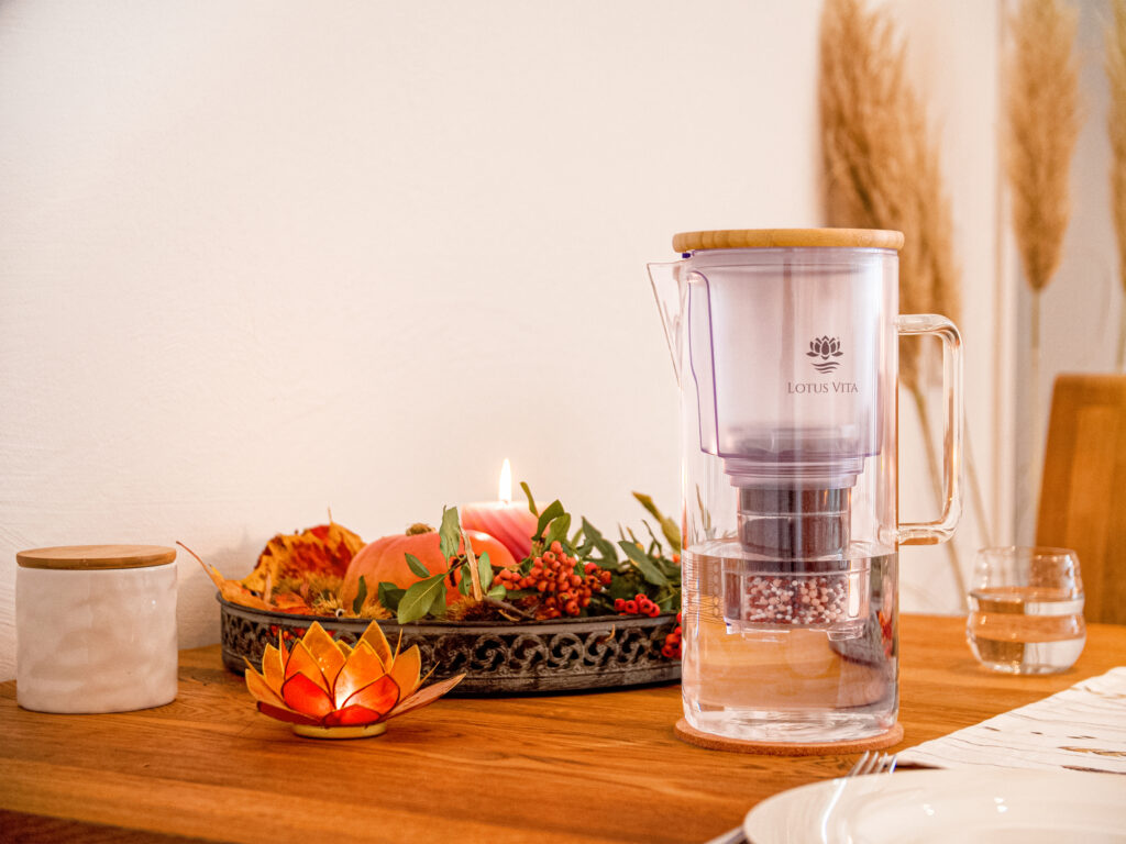 Katara Lotus Vita Filterkanne in herbstlichem Ambiente.
