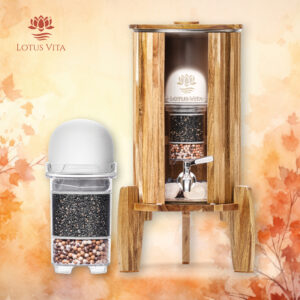 Ein Holz-Wasserfilter-Spender und eine Filterkartusche von Lotus Vita vor einem herbstlichen Hintergrund mit Blättermotiven.