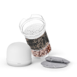 Bestandteile eines Wasserfilter-Sets von Lotus Vita, inklusive einer mehrstufigen Filterkartusche, einem Keramik-Vorfilter und zwei Kalkfilter-Pads auf weißem Hintergrund.