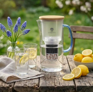 Ein Glas-Wasserfilterkrug mit Holzdeckel und blauem Griff steht auf einem Holztisch im Freien, umgeben von Gläsern mit Zitronenwasser und frischen Blumen.