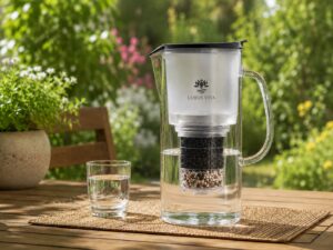 Ein Glas-Wasserfilterkrug von Lotus Vita und ein Glas gefiltertes Wasser stehen auf einem Holztisch in einem sonnigen Garten.