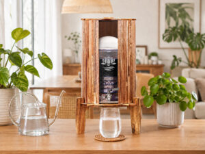 Ein hölzerner Wasserfilter von Lotus Vita steht auf einem Tisch in einem hellen Wohnraum, umgeben von Zimmerpflanzen und einem Glas mit frischem Wasser.