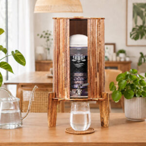 Ein hölzerner Wasserfilter von Lotus Vita steht auf einem Tisch in einem hellen Wohnraum, umgeben von Zimmerpflanzen und einem Glas mit frischem Wasser.