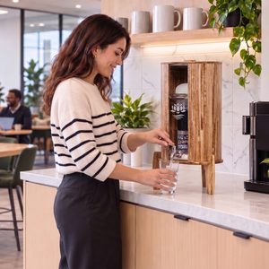 Eine Frau in einem modernen Büro zapft sich ein Glas Wasser aus einem Wasserspender aus Holz.