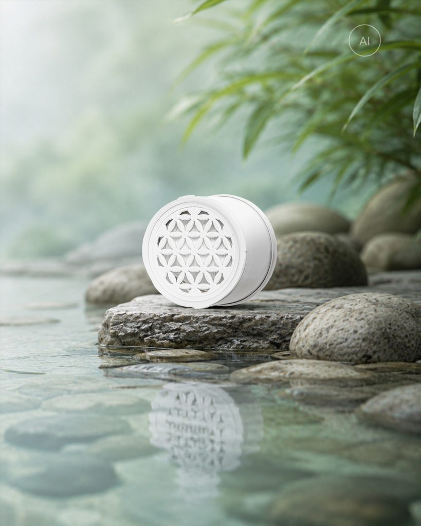 Eine weiße Ultrafiltrations-Membran mit dem Muster der Lebensblume, die auf einem Felsen in klarem Wasser liegt.