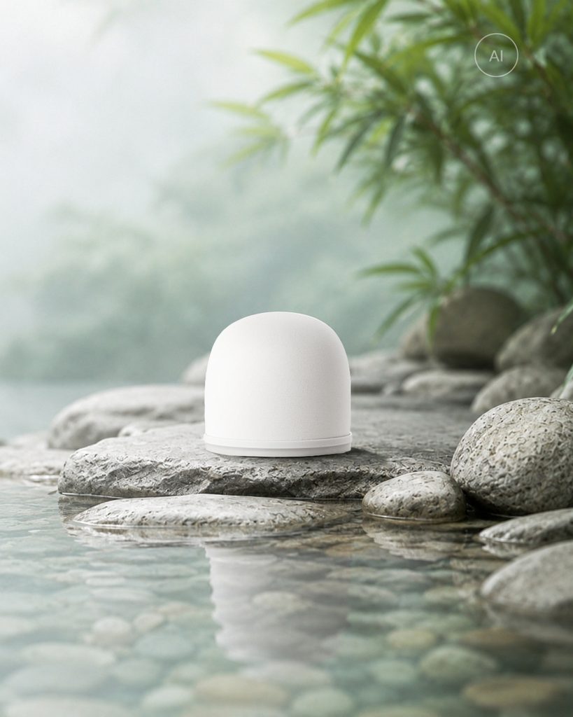 Ein weißer Keramik-Wasserfilter liegt auf einem Stein am Rande eines klaren, ruhigen Gewässers, umgeben von Bambus im Nebel.