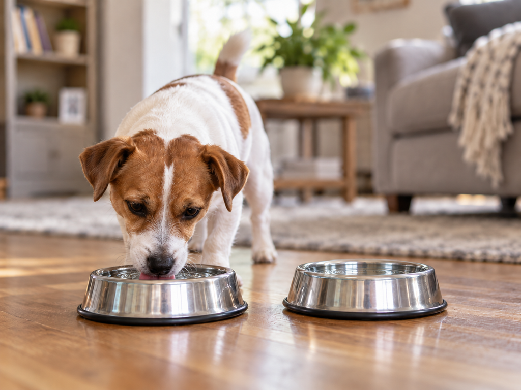 Ein braun-weißer Jack Russell trinkt im Wohnzimmer aus einem von zwei Edelstahl-Wassernäpfen.